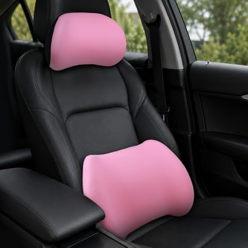 2PCS Car Neck Pillow and Lumbar Support Pillow Set, Ergonomic Memory Foam Back & Neck Support Pillows for Car Seat, Office Chair, Driver Head & Back Cushion and Pain Relief (Pink)