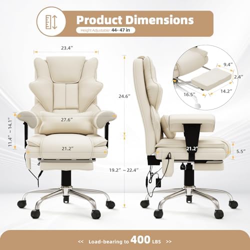 Executive 7-Point Massage Heated Office Chair with Footrest, Beige