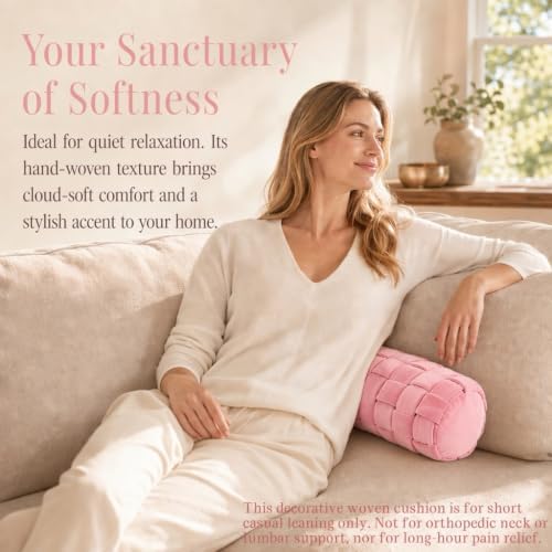 Soft Cylinder Lumbar Pillow, 15.7 x 5.9 Inch Hand-Woven Velvet Neck Roll Pillow, Polyester Fiber Filled for Neck Back Leg Relaxation, Decorative Throw for Couch Sofa Bed Office (Pink)