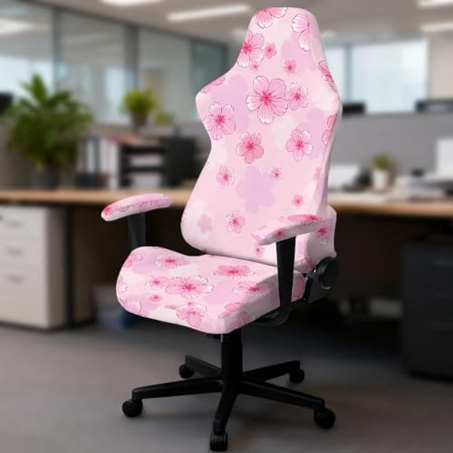 Cherry Blossom Print Gaming Chair Cover with Armrest Covers Stretchable 4 Piece Furniture Protector Washable Non Slip Computer Chair Slipcover