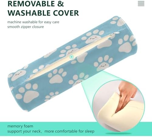 Cute Cartoon White Paw Prints Lumbar Support Pillow Sleep Roller Pillow For Neck Massage Table Cushion Pad Foam Zippered Bolster Cover almohada para piernas
