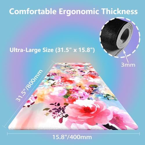 Romantic Watercolor Floral Large Mouse Pad, Pink Flowers Painting Desk Mat