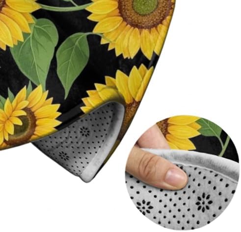 Circular Rugs Large Modern Round Area Rug Fashion Decor Mat for Home Office Beautiful Sunflower Yellow Flowers Green Leaves Black Floral, 24inch
