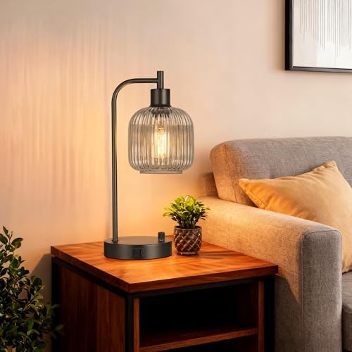 Grey Glass Table Lamps Set of 2, Dimmable Bedside Lamps for Living Room