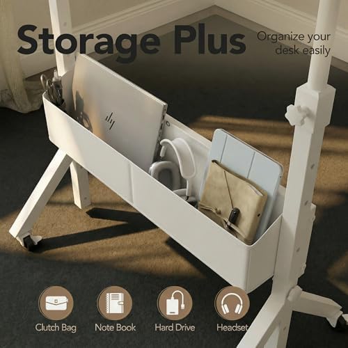 HUANUO Mobile Standing Desk with Wheels and Storage Basket, Height Adjustable 28.7"-46.1" Rolling Desk for Walking Pad, Small Space Laptop Computer Workstation for Home Office,White
