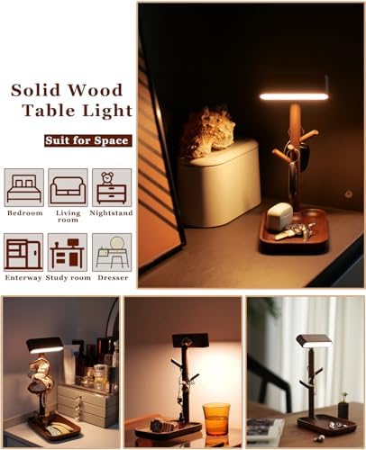 Rechargeable Table Lamp, Unique Wooden Bedside Lamp with Tray