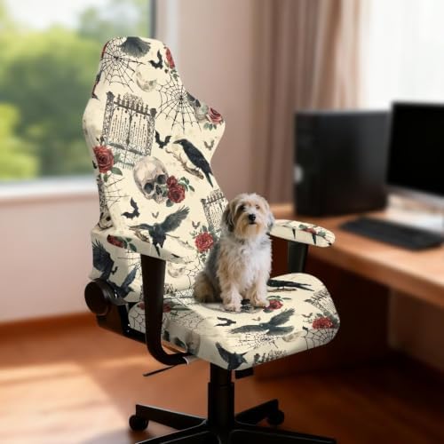 Halloween Vintage Skull Rose Gothic Gaming Chair Cover Stretchable Game Chair Slipcovers with 2 Armrest Covers, Scratch-Proof Gamer Desk Chair Covers for Computer Office Seat