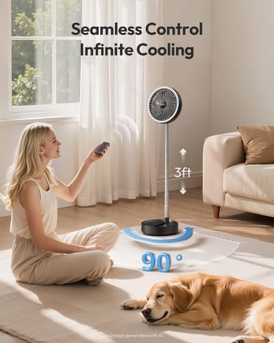 Gaiatop Portable Pedestal Fan 16000mAh Battery [Max 74h Runtime], Foldable Oscillating Standing Fan, Collapsible Desk Fans, LED Light, Case & Remote Control 4 Speeds for Outdoor Travel Camping (Black)