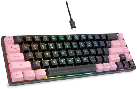 GEODMAER 65% Gaming Keyboard, LED Backlit, Ultra-Compact Anti-Ghosting No-Conflict 68 Keys Membrane Gaming Wired Keyboard for PC Laptop Windows Gamer(Black-Pink)