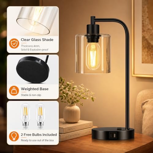 Industrial Touch Control Table Lamps Set of 2 - Black Bedside Lamps with 2 USB Ports and AC Outlet, 3-Way Dimmable Nightstand Desk Lamps for Bedroom Living Room, Glass Shade & 2 LED Bulbs Included