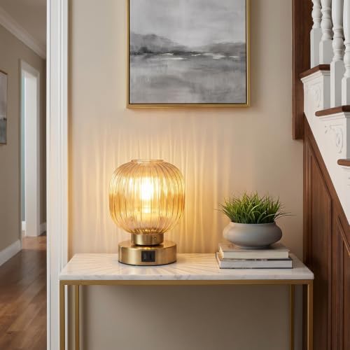 Elenhome Touch Small Table Lamp,Elegant Gold Glass Bedside Lamp 3 Way Dimmable with USB C+A Charging Ports - Bedroom Nightstand & Living Room Essential, 4W Bulb Included (Gold)