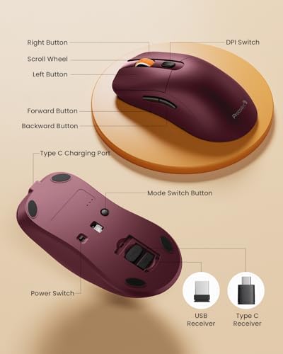 ProtoArc EM15 USB C Mouse, Tri-Mode Bluetooth Mice for Laptop, Wine Red