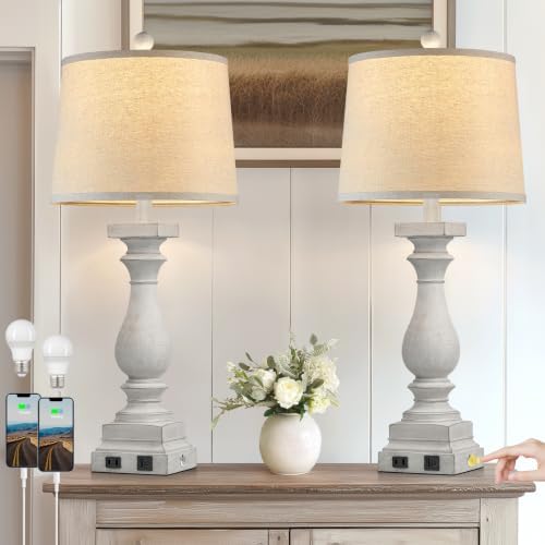 28" Tall Farmhouse Table Lamps Set of 2 with USB C+A Ports and AC Outlet, 3 Way Touch Control Rustic Bedside Lamp for Bedroom, White Vintage Nightstand Lamp for Living Room Office
