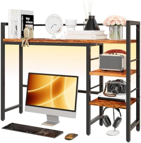 HavenlyYouth Desk Shelf with LED Light Strip, 3-Tier Storage Desktop Organizer Shelf, 38.6" Wood Desktop Bookshelf for Computer Monitor, Desk Hutch for Home Office Dorm, Rustic