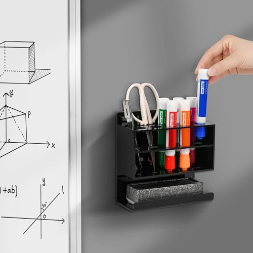 Dry Erase Marker Holder, Wall Mounted Acrylic Marker Holder with 10 Slots, Sticky Pen Storage for Classroom Organization, Office, Whiteboard, Desk Locker Organizer Accessories, Black