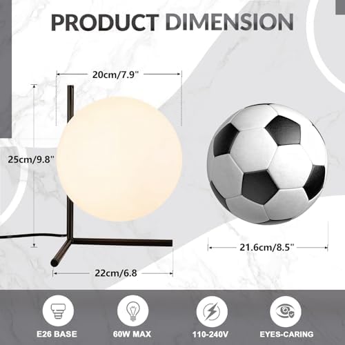 BOKT Matte Black Globe Table Lamp Plug-in Bedside Lamp 7.9" Glass Desk Lamp