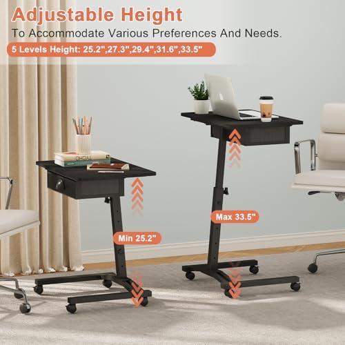 Rolling Adjustable Height Computer Desk With Drawers, Small Mobile Laptop Desk Cart On Wheels For Small Spaces Home Office, Portable Sitting Laptop Table For Bed Couch Load Up To 60LBS, Sturdy, Black