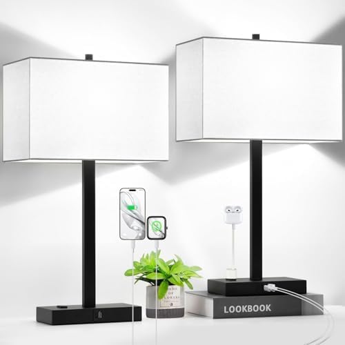 Lynnoland 21" Set of 2 Table lamp with USB A+C & AC Outlets, Touch Control 3-Way Dimmable Nightstand Lamps for Bedroom Living Room Office Reading, White Shade Touch Lamps, 5000K LED Bulbs Included