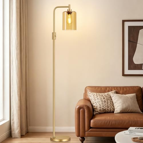 【Upgraded】 Dimmable Floor Lamp for Living Room with Amber Glass Lampshade, Gold Modern Glass Floor Lamp with 900LM LED Bulb Included, Arc Standing Tall Lamp for Bedroom, Office, Reading Room, Corner