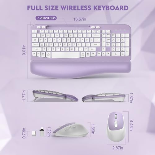 Wireless Keyboard and Mouse Combo, Full-Sized Ergonomic Wave Keys Keyboard with Memory Foam Wrist Rest & Phone Holder, 2.4G Quiet Keyboard Mouse Work Setup for PC Laptop, Office or Home (Purple)