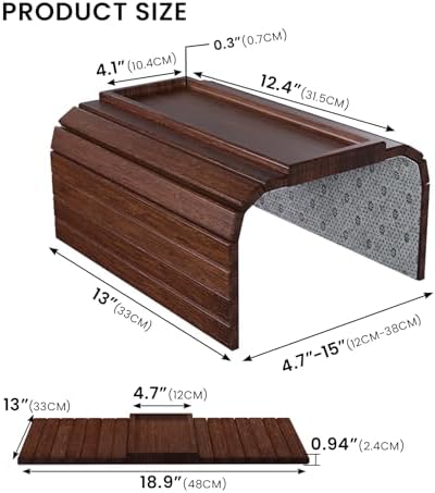 2 Pack Bamboo Folding Sofa Arm Tray with Anti-Slip Pad (Brown)