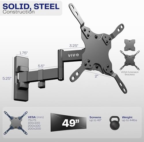 VIVO Full Motion Ultrawide Monitor Wall Mount, Fits Ultra-Wide Screens up to 49 inches and 44 lbs, Wide VESA Range with Tilt and Swivel, Black, MOUNT-VW06