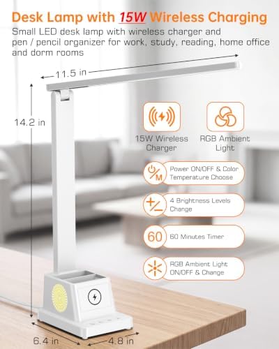 cozoo LED Desk Lamp for Home Office,15W Wireless Charger Pen Holder, White