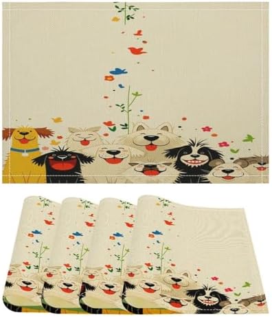 Cute Dogs Floral Linen Placemats Set of 4PCS, Heat Resistant Non-Slip Washable Table Placemats for Dining Everyday Use Hotel Banquet Home Decor