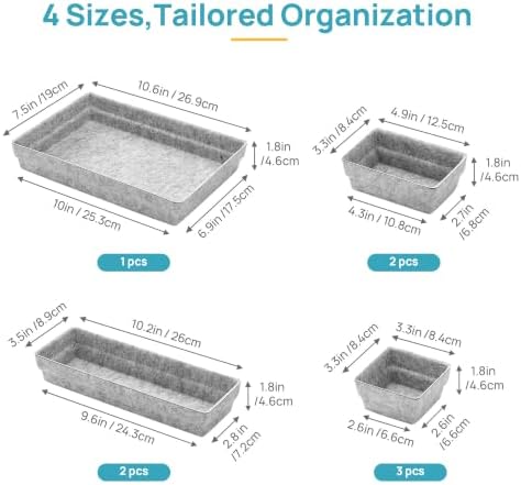 Vtopmart 8Pack Felt Desk Drawer Organize Storage Bins Set in 4-Sizes, Grey