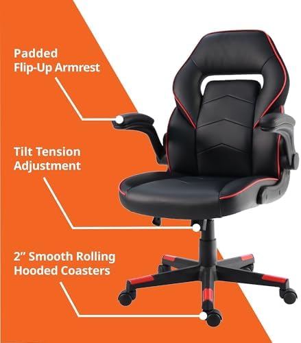 NuSparc SpawnSafe Gaming Chair, Adjustable Height, Flip-up Armrests, 360° Swivel, Black/Red