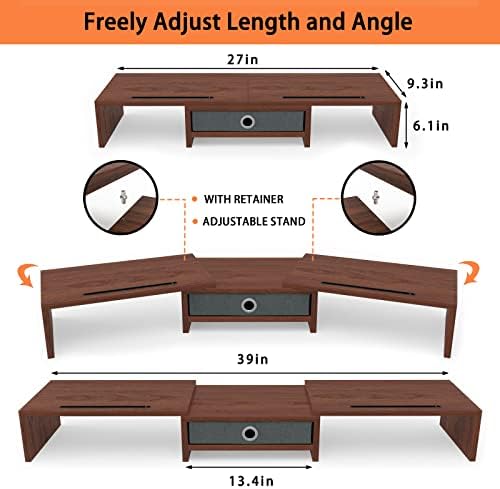 WESTREE Dual Monitor Stand Riser with Drawer - Adjustable Length and Angle, 2 Phone Hold, Desktop Organizer for Computer/Laptop/PC/Printer