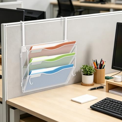 BOHDK Wall File Organizer, Hanging File Folder Organizer, Vertical Mesh Metal Door/Wall Mount Hanging File Holder. Paper Document Magazine Rack with Hooks for Home Office Black (3 Pockets White)