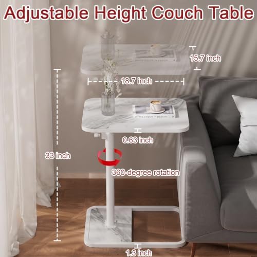 GOYLSER Large C Shaped Tv Trays Living Room End Table End Stand, White Marble Minimalist Wooden C Table for Sofa, Height Adjustable Tv Tray Tables Side Table for Dinner Eating