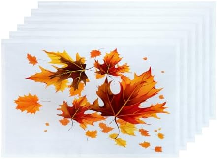 Shrahala Autumn Maple Leaves Set of 6 12 X 18 Inch Linen Placemats, Orange Fall red Leaves Burlap Table Mat Washable Double Layered Heat Insulation for Indoor