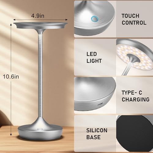 LED Cordless Table Lamp 6000mAh Rechargeable Battery Outdoor Light Silver