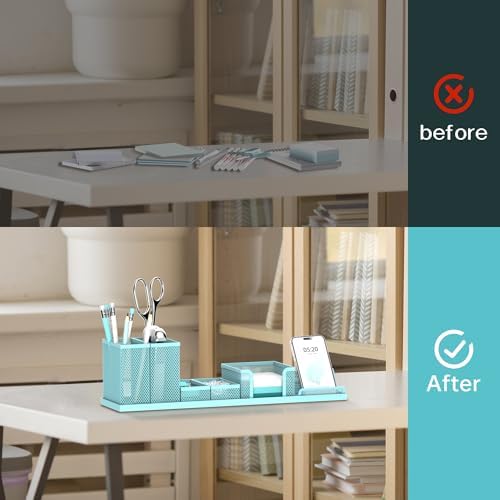 Pen Holder for Desk, 6-Piece Mesh Desk Organizer with Phone Holder, Blue