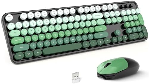 MOFII Wireless Keyboard and Mouse Combo, Full Size 2.4G Plug and Play Typewriter Retro Round Computer Keyboard and Mouse Set for Windows, Computer, Desktop, PC, Notebook - (Black Green Gradient)