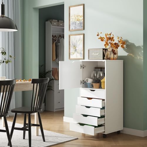 DEVAISE 5 Drawer Cabinet with 1 Door, Mobile Office File Cabinet, White