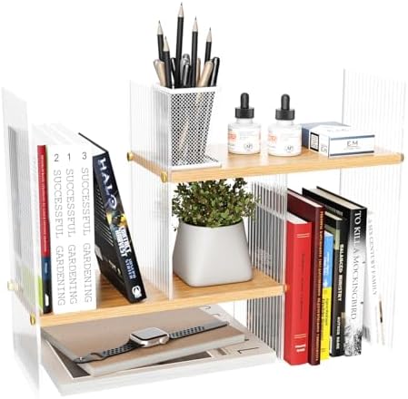 BYCY Double H Display Bookshelf Desktop Organizer Office Storage Rack Expandable Wood Display Shelf with Acrylic Side Board Free Style Display Storage Rack Stackable for Home Office (Natural)