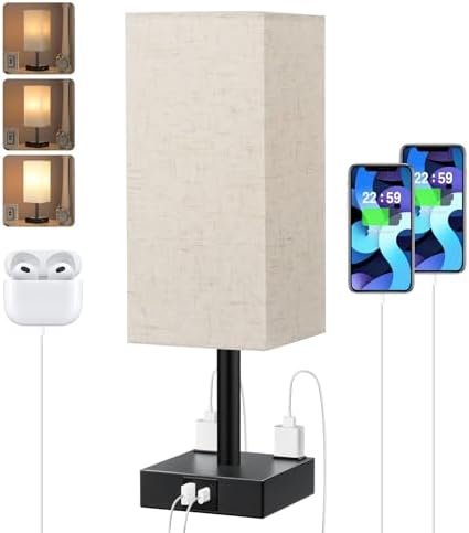 Beige Touch Table Lamp for Bedroom - Dimmable, USB C+A, 2 AC Outlets