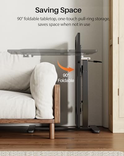 Overbed Table with Wheels, Pneumatic Lift, Foldable Top (Black)