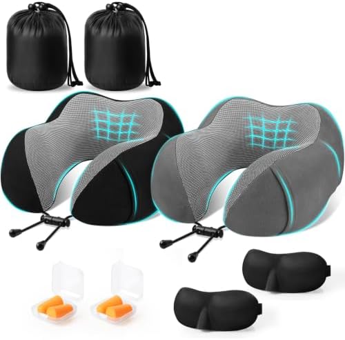 CloudBliss Memory Foam Travel Neck Pillow, Set of 2, Black & Grey