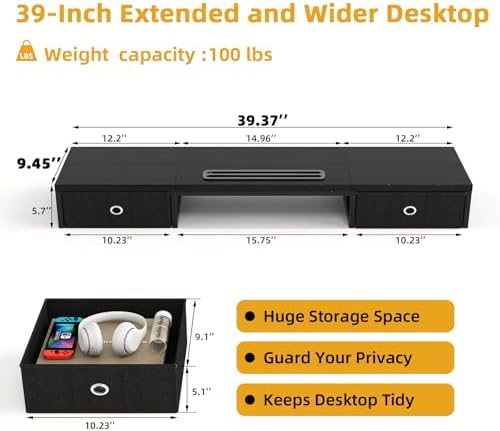 39 Inch Dual Monitor Stand Riser with 2 Drawers - Large Black Wooden Computer Stand for 2 Monitors, Ergonomic Desk Organizer with Phone Holder, Desktop Storage for Laptop, Office Supplies, Home Office