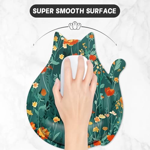 Ergonomic Mouse Pad with Wrist Rest, Cute Cat Memory Foam Padded Pain Relief Non-Slip Wrist Support Mouse Mat for Gaming Work Computer Laptop, Funny Office Supplies Desk Accessory, Cute Flower