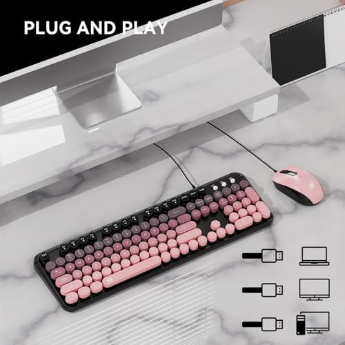 FOPETT 8870P Wired Keyboard and Mouse Combo - Full-Sized Computer Keyboards with 104 Round Keys Retro Typewriter Mouse and Keyboard for PC Windows Desktop Laptop - Pink Colorful