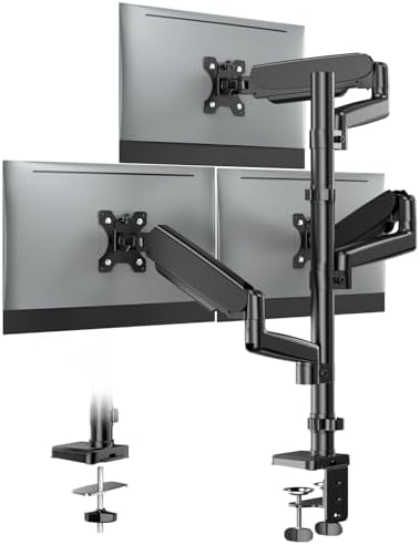 Triple Monitor Mount for 13-32 Inch Screens, Gas Spring Adjustment Triple Monitor Stand Holds 17.6lbs per Arm, Tilt, Swivel, Rotation with Clamp & Grommet Kit, Max VESA 100x100mm FORGIGN Mount