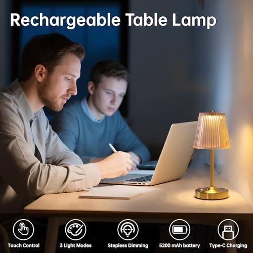 Shenmoyl Set of 2 Cordless Touch Table Lamp with 5200mAh Battery - 3 Adjustable Color Temperatures & Dimmable, Rechargeable Lamp for Bedsides, Living Room, Entryway, Bookshelves (Amber Stripe)