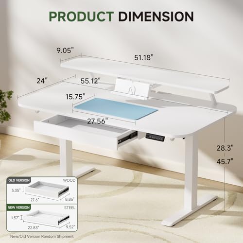 GTPLAYER Electric Standing Desk with Drawers, 55 x 24 Inches Height Adjustable Computer Desk with Monitor Stand, Laptop Stand, Sit Stand up Desk with Memory Preset for Home, Office, White