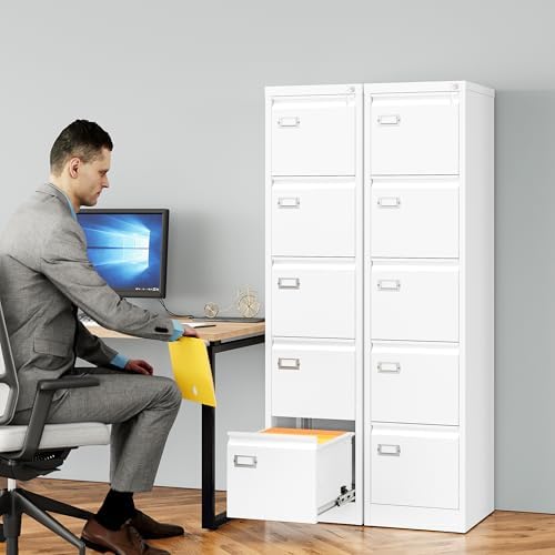 SISESOL 5 Drawer File Cabinet with Lock,White Narrow Vertical File Cabinet Five Drawer,Tall Office Filing Cabinets,Metal Filing Cabinets for Home Office,Fit A4,Legal,Letter Size,-Assembly Required