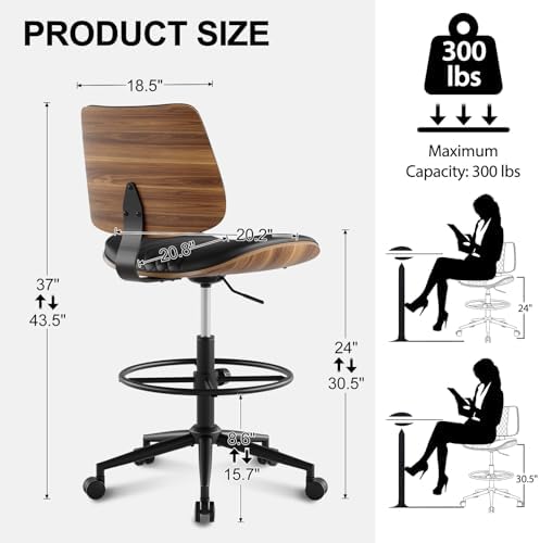 Drafting Chair with Adjustable Footrest, Rolling Walnut Stool, Black